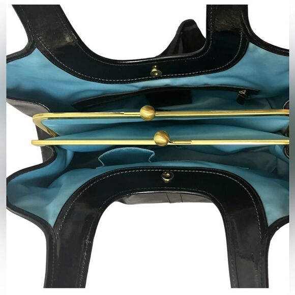 Vintage Pristine Coach Ergo Pleated Frame Kiss Lock Blk Patent Leather Satchel - Picture 10 of 12